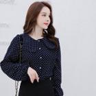 Wide-collar Polka-dot Blouse Navy Blue - One Size