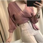 V-neck 3/4 Sleeve Wrapped Tie-waist Blouse