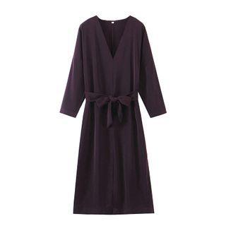 V-neck Plain Tie-waist Midi A-line Dress