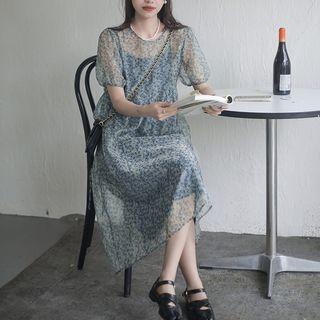 Set: Puff-sleeve Floral Midi A-line Dress + Slipdress