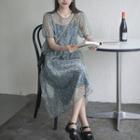 Set: Puff-sleeve Floral Midi A-line Dress + Slipdress