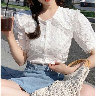 Puff-sleeve Collar Ruffle Trim Blouse White - One Size