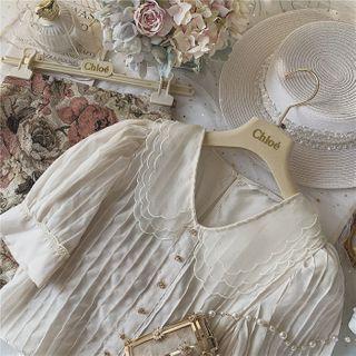 Layered Collar Puff-sleeve Pintuck Blouse