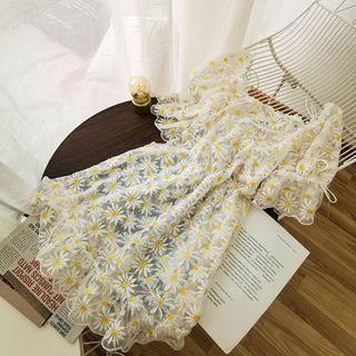 Flower Print Short-sleeve Mini A-line Mesh Dress White - One Size