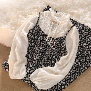 Long-sleeve Plain Shirt / Floral Strap Dress