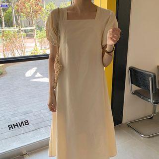 Plain Puff-sleeve Square-neck Midi A-line Dress As Shown In Figure - One Size