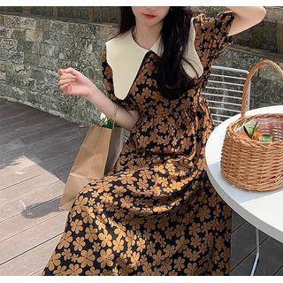 Short-sleeve Floral Print Collared Midi A-line Dress