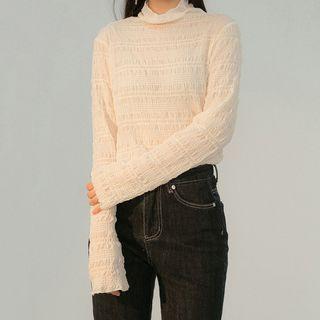 Semi Turtle-neck Plain Pleated Long-sleeve Lace Top