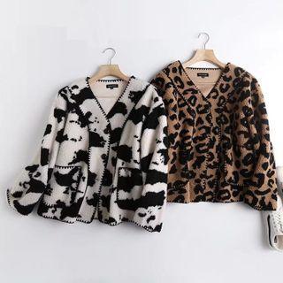 Animal Print Fleece Button-up Jacket