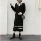 V-neck Color Block Long-sleeve Midi Knit Dress