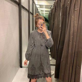 Long-sleeve Embroidered Lace-up Dress