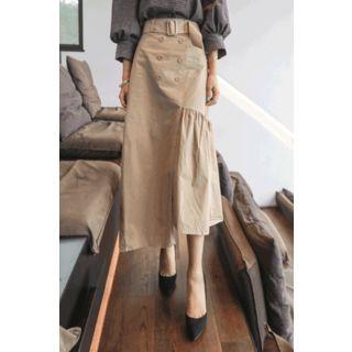 Button-detail Asymmetric-hem Skirt With Belt
