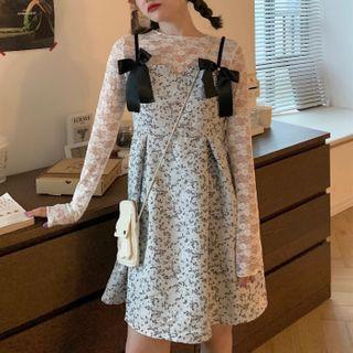 Long-sleeve Lace Top / Flower Print Mini Overall Dress