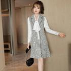Set: Sleeveless Double Breasted Plaid Mini Dress + Tie-neck Blouse