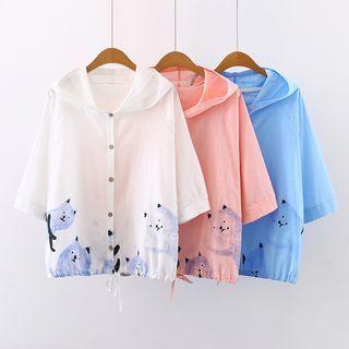 Elbow-sleeve Cat Print Hooded Jacket