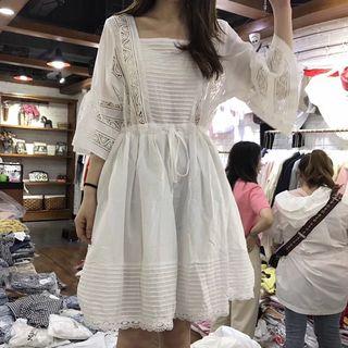 3/4-sleeve Square-neck Lace Dress