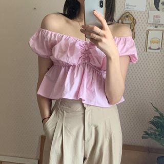 Puff-sleeve Off-shoulder Peplum Top Pink - One Size