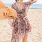 Set: Tie-back Bikini Top + Ruffle Trim Swim Shorts + Floral Cover-up
