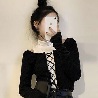 Set: Long-sleeve Lace-up Top + Sleeveless Turtleneck Top Long Sleeve Top - Black - One Size / Sleeveless Top - White - One Size