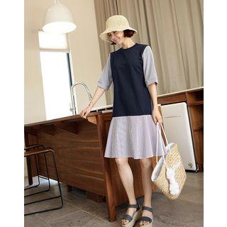 Inset Top Elbow-sleeve Stripe A-line Dress