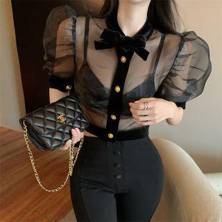 Short-sleeve Mesh Blouse / Spaghetti-strap Sheath Dress