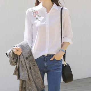 Tab-sleeve Flower-embroidered Shirt