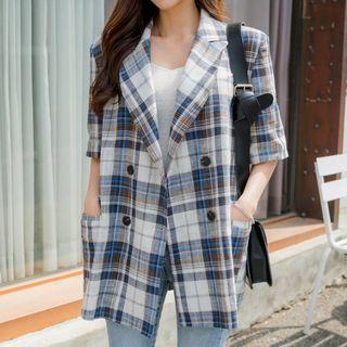 Short-sleeve Double-breasted Plaid Blazer