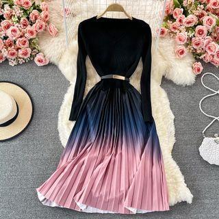 Long Sleeve Pleated Gradient Dress Black - One Size