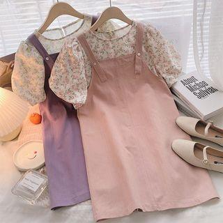 Set: Short-sleeve Floral Top + Plain Strap Dress