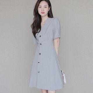 Short-sleeve V-neck Single-breasted Plain Blazer Dress