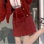 High-waist Plain Lace Trim A-line Short Skirt