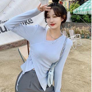 Long-sleeve Irregular Drawstring Slim-fit Top