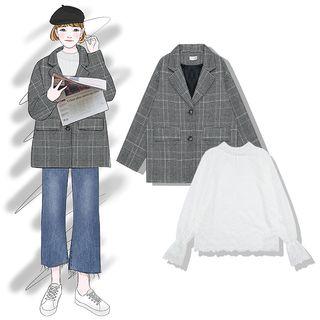Set : Plaid Blazer + Lace Top