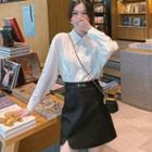 Long-sleeve Plain Panel Lace Shirt / High-waist Plain Mini Skirt