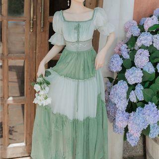 Puff-sleeve Tiered Frill Trim Midi A-line Dress