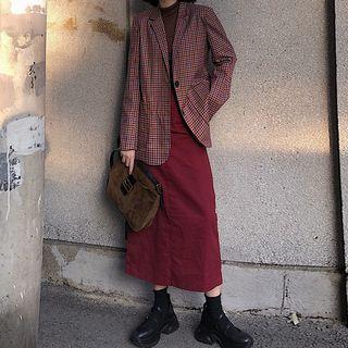 Plaid Button Blazer / Midi A-line Skirt