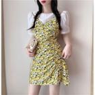 Short-sleeve Top / Floral Print Mini A-line Pinafore Dress