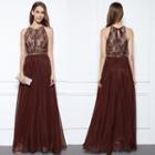 Halter Lace Panel A-line Evening Gown