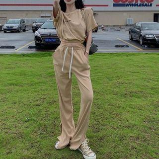 Lettering Padded-shoulder T-shirt / Wide-leg Pants