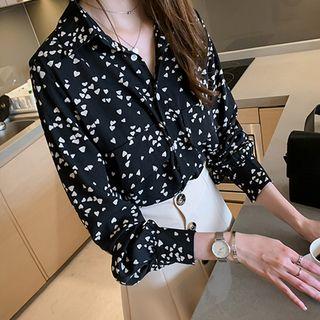 Long Sleeve Heart Print Chiffon Shirt