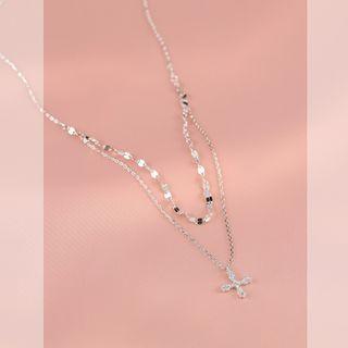 Cross Rhinestone Pendant Layered Sterling Silver Necklace 1pc - Silver - One Size