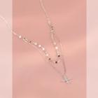 Cross Rhinestone Pendant Layered Sterling Silver Necklace 1pc - Silver - One Size