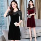 3/4-sleeve Panel A-line Velvet Dress