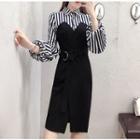 Mock Two-piece Lantern-sleeve Striped Sheath Dress