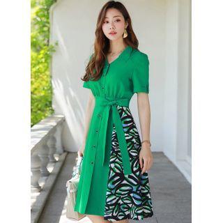Tab-sleeve Paneled Midi Flare Dress