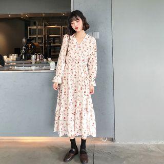 Printed Long-sleeve Midi A-line Dress Almond - One Size