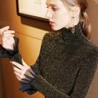 Turtleneck Long-sleeve Glitter Top