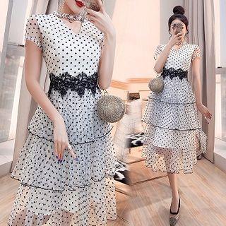 Short-sleeve Dotted Mesh A-line Midi Dress