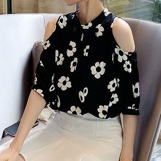 Elbow-sleeve Cold Shoulder Floral Shirt