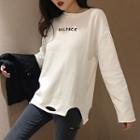 Long-sleeve Turtleneck Lettering Embroidered T-shirt White - One Size